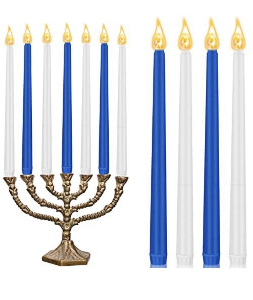 12 Pcs LED Taper Candles Flameless Battery Dripless Blue & White Hanukkah